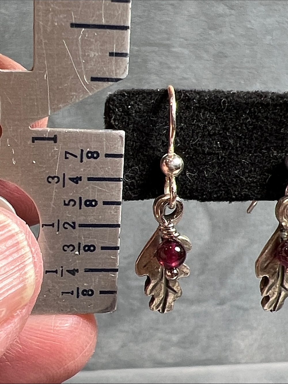 Garnet gemstones with oak leaf charms Sterling Silver earwires, dangle earring - Picture 8 of 9